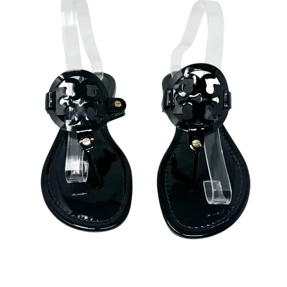 Tory Burch Miller Sandal Black Patent Leather Logo Medallion Thong Flat Size 8
